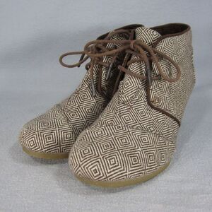 Toms Desert Wedge Heel Ankle Booties Womens 7.5 Brown Tweed Herringbone Academia